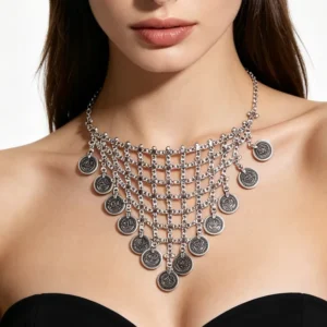 RENSINO Handmade Floral Design Boho Gypsy Beachy Necklace Ethnic Tribal Turkish Style Flower Silver Coin Zinc Alloy Claw Setting Wedding