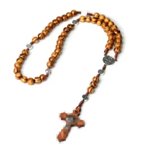 RENSINO Handmade Natural Wood Catholic Rosary Necklace with Silver Plated Metal Cross 10MM Beads Hand Knotted Prayer Beads