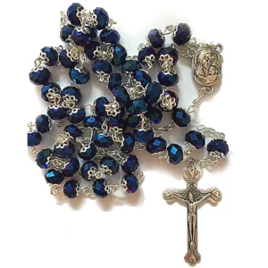 RENSINO Handmade Royal Blue Flower Crystal Rosary Cross Necklace Catholic Prayer Beads Religious Jewelry