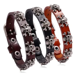 RENSINO Handmade Vintage Leather Jewelry Cuff Bracelet for Men Belt’s Buckle Europe and American Fashionable Skull Bracelet