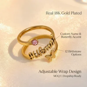 RENSINO Haomi 18K Gold Plated Personalized Butterfly Name Ring 12 Birthstone Crystal Adjustable Double Wrap Ring Customized Gift