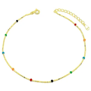 RENSINO Happy Color Beads Enamel 925 Sterling Silver Gold Plated Bohemian Anklet Colorful Rainbow Anklet for Women Fine Jewelry Anklets