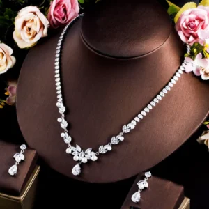 RENSINO Hawaiian Imitation Pearl and Cubic Zircon Crystal Bridal Wedding Jewelry Sets Silver Plated Women Dangle Earrings and Necklace