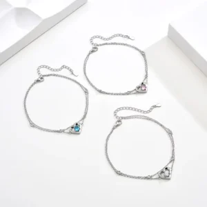 RENSINO Heart Anklet for Women 925 Sterling Silver Pink Enamel Double Layered Ankle Bracelet Summer Beach Foot Chain Jewelry Adjustable