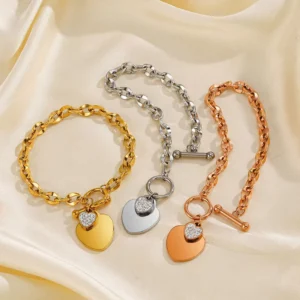 RENSINO Heart Charm Chain Bracelet Stainless Steel Waterproof