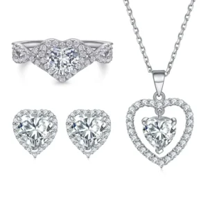 RENSINO Heart Jewelry Set Necklace Earrings S925 Sterling Silver Hypoallergenic Non Fading for Women Daily Wear Party Gift