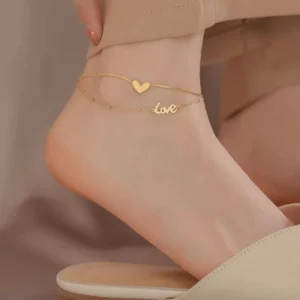 RENSINO Heart Pendant Anklets Stainless Steel Beach Fashion Double Layered Ankle Chain Clover Love Trend Anklet Jewelry