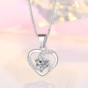 RENSINO Heart Shape Pendant Choker Necklaces Girlfriend Necklace Silver Crystal Rhinestone Revolving Heart Crystal Pendant Only
