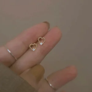 RENSINO Heart Shape Zircon 925 Sterling Silver Gold Plated Hollow Out Stud Earrings for Parties Daily Use