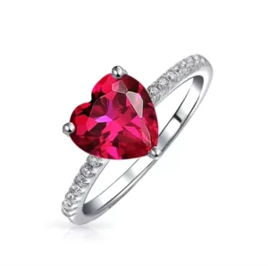 RENSINO Heart Solitaire Ruby CZ Engagement Ring for Women Rhodium Plated Wedding Brass Jewelry