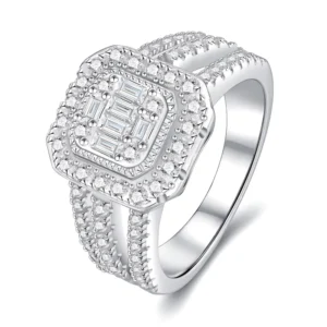 RENSINO Heavy Industries D color Moissanite Sterling Silver Rhodium Plated Emerald Cut Pave Setting Geometric Ring Light Luxury Fashion