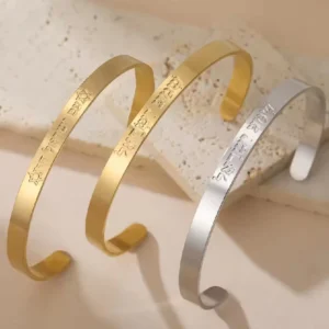 RENSINO Hebrew Opening Bracelet Cuff Bangle David’s Star Engraved with Shema Blessings 18k Gold plated Stainless Steel Jewelry Bracelets