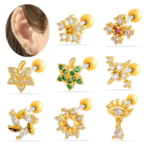 RENSINO Hengsen Hypoallergenic Stainless Steel Cartilage Earrings Colorful CZ Externally Thread Helix Stud Earring Tragus Lobe Piercing