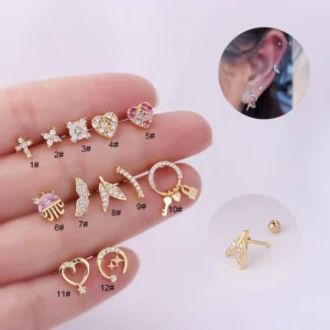 RENSINO Hengsen Hypoallergenic Stainless Steel Jewelry Cz Cross Heart Flower Ball Back Stud Earring Ear Lobe Helix Cartilage Piercing