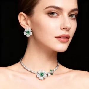 RENSINO High End 2Pcs Set Wedding Bridal Jewelry Crystal Zircon Flower Choker Emerald Evening Party Jewelry Set Conjunto De Joyas
