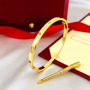 RENSINO High-End Designer 18K Rose Gold Plated Steel Bracelet with Diamond Accents Secure Screw Closure Fashion Bangle