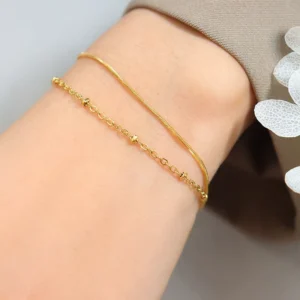 RENSINO High End Gold Plated Stainless Steel Double layer Snake Chain Beads Satellite Bracelet for Women Jewelry