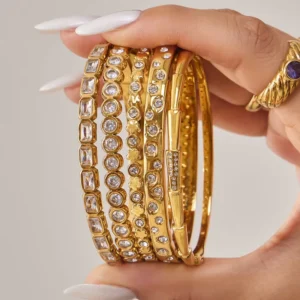 RENSINO High End Gold Plated Waterproof Fashion 5A Zirconia Geometric Rectangle Bangle Stainless Steel Bracelet Jewelry