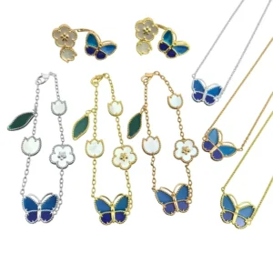 RENSINO High End Jewelry Set Sterling Silver Gold Plated Natural Agate Lucky Five Flower Blue Butterfly Bracelet Necklace Ring