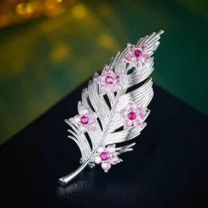 RENSINO High End Luxury Leaves Feather Brooch Zircon for Elegant Dinner Party Suit Copper Plated with Silver Jewelry