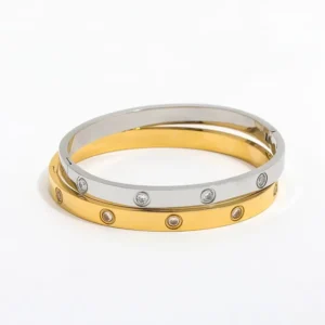 RENSINO High End Stainless Steel Gold Plated Zirconia Polishing Bangle Bracelet for Women Fashion Jewelry