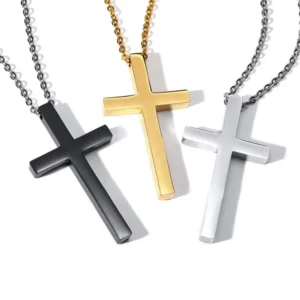 RENSINO High Grade Gold Plated Silver Gold Black Christian Religious Children’s Gift Stainless Steel Cross Pendant Chain