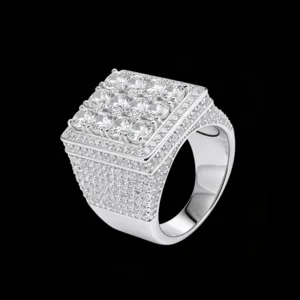 RENSINO High Grade Personalized Jewelry Custom Made Men’s Stylish 925 Sterling Silver Square Ring with Moissanite Diamonds
