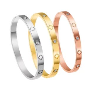 RENSINO High Polished Stainless Steel Bracelet with 18K Gold Plated Couple Diamonds for Weddings
