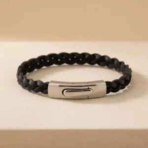 RENSINO High Polishing Customized Genuine Braided Navy Blue Woven Leather Silver Clasp Bracelet