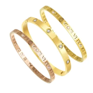RENSINO High Quality 18K Gold Plated Stainless Steel Roman Bangle Luxury Zircon Roman Number Bracelet for Women’s Weddings Other Gifts