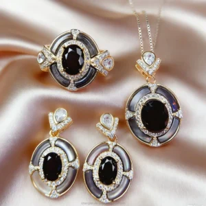 RENSINO High Quality 925 Silver Gold Plated Natural Black Spinel Luxurious Jewelry Set Valentines Gift