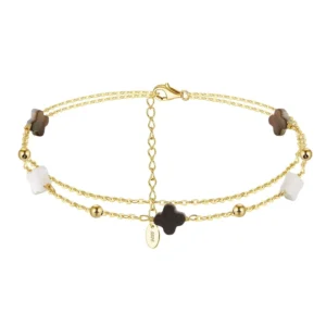 RENSINO High Quality 925 Sterling Silver 14K Gold Plating Four Leaf Clover Pearl Double Layers Chains Anklet for Women