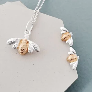 RENSINO High Quality American Style Fashion Sterling Silver 925 Bee Necklace Set Gold Plated Bee Necklace White Enamel