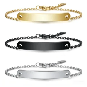 RENSINO High Quality Custom Engraved Message Silver Gold Black Mirror Polish Stainless Steel Vintage Bar Bracelet Men Women Unisex