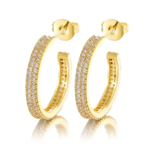 RENSINO High Quality Iced Out c Shape Brass Plated Zircon Stud Hoop Earrings for Men and Women