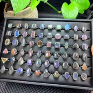RENSINO High Quality Irregular Shape Natural Labradorite Ring S925 Silver Handmade Flash Crystal Oval Rings Jewelry