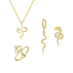 RENSINO High Quality Jewelry Sets 925 Sterling Silver 18K Gold Plated Snake Shape Pendant Necklace Stud Earrings Rings
