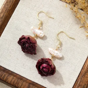 RENSINO High Quality Real Flower Jewelry 14K Gold Plated Copper Natural Baroque Pearl Rose Earrings Boutique