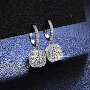 RENSINO High Quality Real Pure 925 Sterling Silver Women’s Square Stud Earrings 1 Carat Moissanite Rhodium Plated GRA Certified