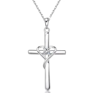 RENSINO High Quality Simple Heart Design Round Zircon Cross Necklaces for Fashion Party Silver Plated CZ Pendant Necklaces Women