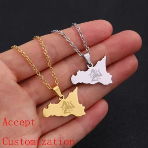 RENSINO High Quality Stainless Steel Italian Sicily Map Pendant Necklace 18K Gold Plated Trendy Unisex Fashion Jewelry Gift