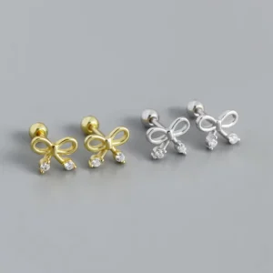 RENSINO High Quality Sterling Silver Jewelry S925 Bow Screw Stud Earrings Jewelry Sterling Silver Minimalist Zircon Stud Earrings Women