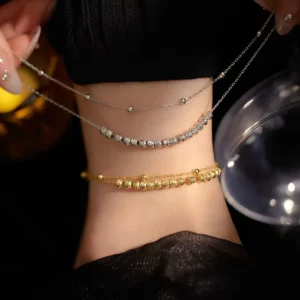 RENSINO High Quality Sterling Silver Jewelry S925 Two Layer Anklets Jewelry Sterling Silver Minimalist Round Beads Anklets Women