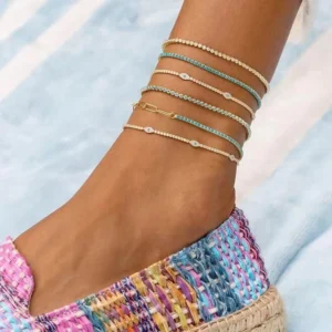 RENSINO High Quality Summer Beach New Styles Paved Clear Blue CZ Evil Eye Charm Foot Anklet 2mm Tennis Link Chain Jewelry for Women Girl