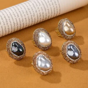 RENSINO High Quality Trendy Crystal Stone Jewelry Ring Baroque Shell Ring gold silver Copper Rings Jewelry
