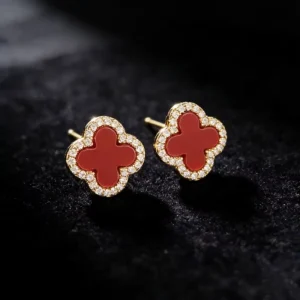 RENSINO High Quality Trendy Gold Plated Red Clover Stud Earrings Paved Four Leaf Clover Hypoallergenic Earrings For Women Daily Earrings