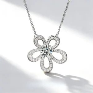 RENSINO High Quality VVS1 D Color Moissanite Flower Pendant Necklace for Women Sterling Silver Link Chain