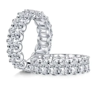 RENSINO High Quality White Radiant CZ Emerald Cut Full Stone Eternity Band Ring 925 Sterling Silver