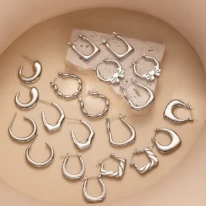 RENSINO High Quality Women Stainless Steel Jewelry Striped C Shape Stud Earrings Silver Twisted Geometric Huggie Hoop Earring