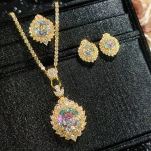 RENSINO High end New Arrival Octagonal Rose Cut Colorful Zircon Large Carat Copper Luxury Iridescent Three piece Jewelry Set